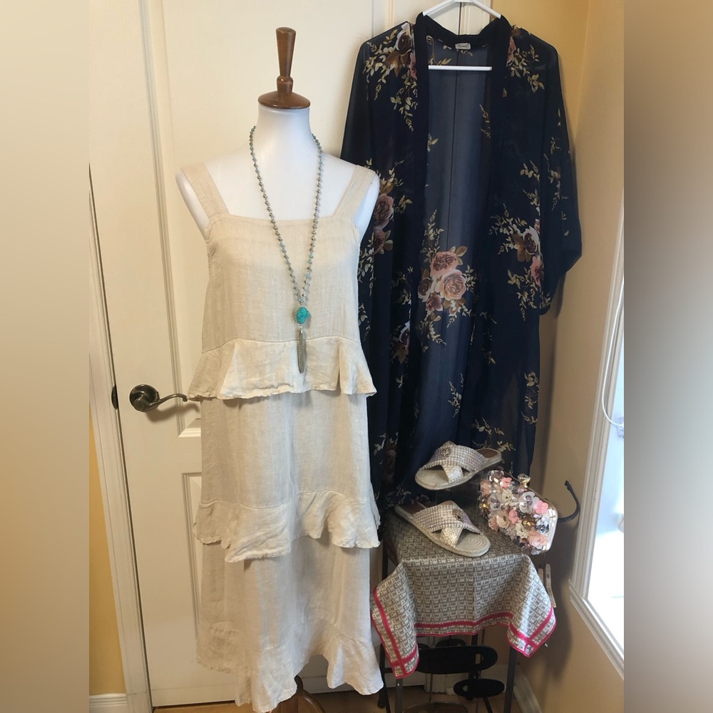 Pistache NWT 100% Linen ruffle tiered Dress